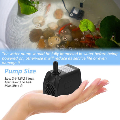 alizzy 150GPH Small Submersible Water Pump(570L/H, 10w), Ultra Quiet Fountain Pump with Tubing for Aquarium, Fish Tank, Pond Fountain, Water Feature, and Hydroponics
