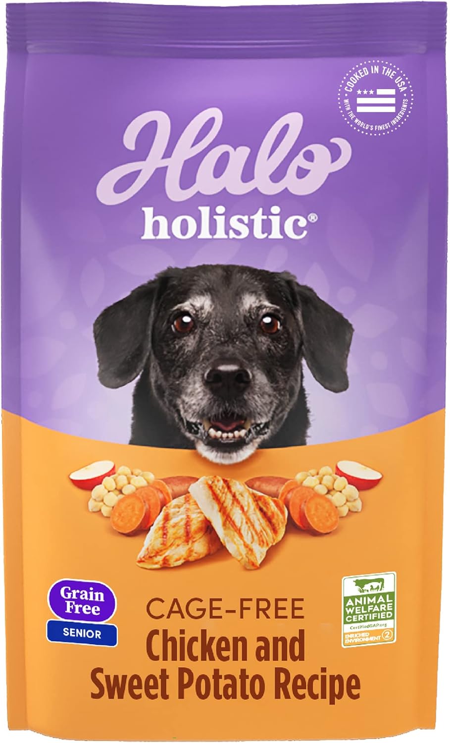 Halo Purely for Pets Holistic Dog Food, Complete Digestive Health Grain Free Cage-Free Chicken and Sweet Potato Recipe, Dry Dog Food Bag, Senior Formula, 10-lb Bag