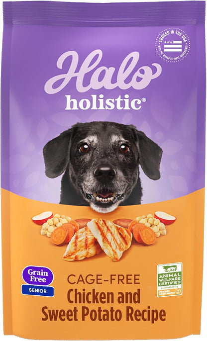 Halo Purely for Pets Holistic Dog Food, Complete Digestive Health Grain Free Cage-Free Chicken and Sweet Potato Recipe, Dry Dog Food Bag, Senior Formula, 10-lb Bag