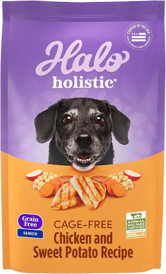 Halo Purely for Pets Holistic Dog Food, Complete Digestive Health Grain Free Cage-Free Chicken and Sweet Potato Recipe, Dry Dog Food Bag, Senior Formula, 10-lb Bag