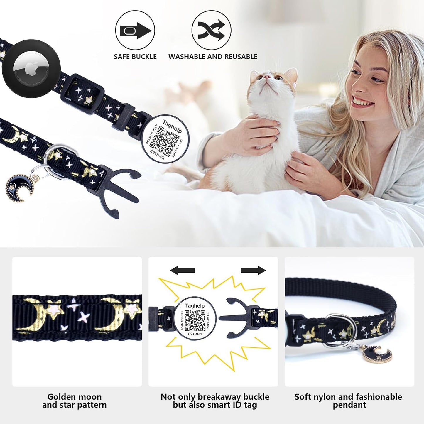 2PCS Breakaway Cat Collars with Bell Cute Star &Moon Safe Kitten Collars with Pendant Glow in The Dark,Airtag Holder Cat Collar with Smart ID tag & QR Code Reflective for GPS Boy Girl Cats (Purple)