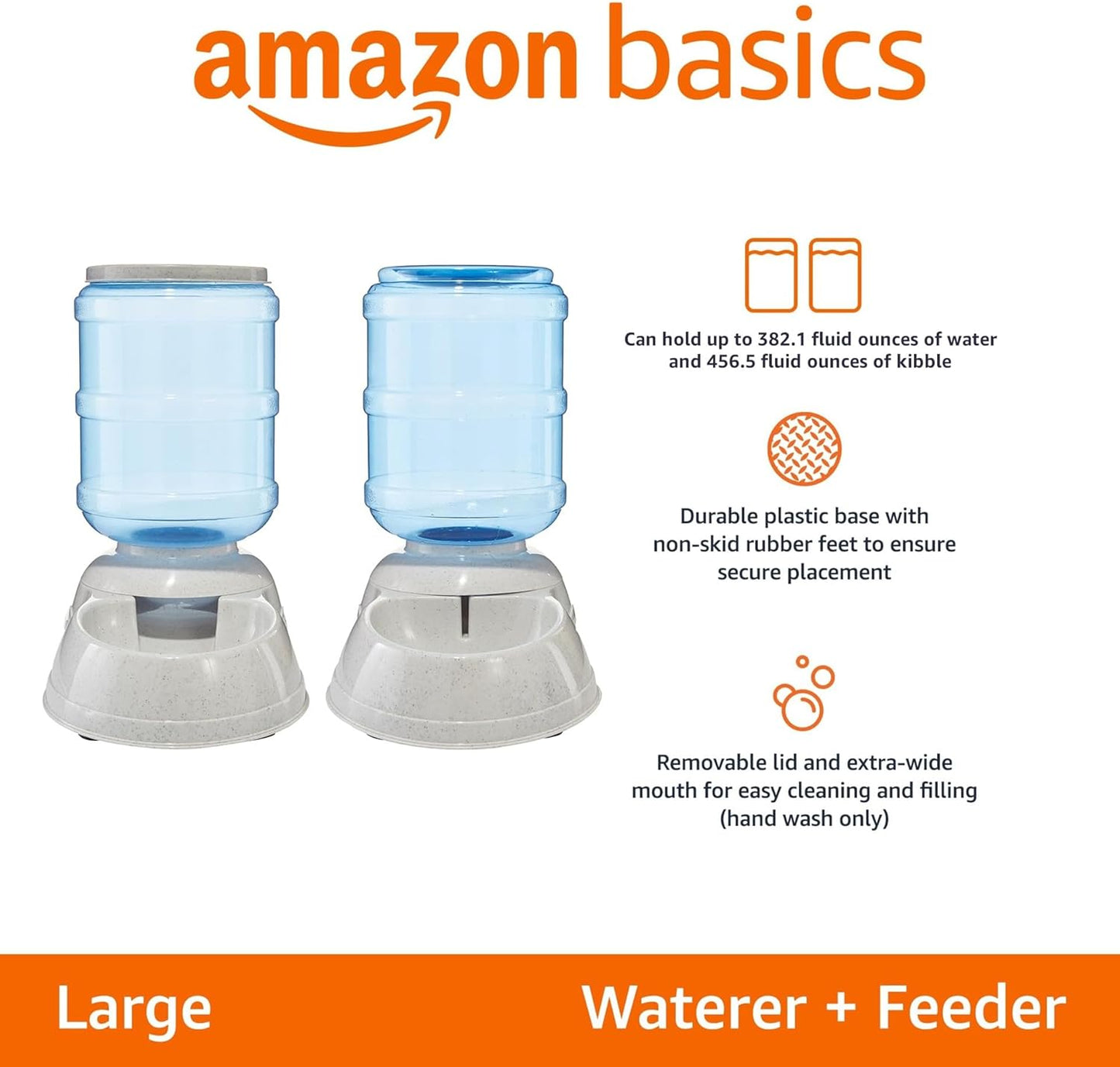 Amazon Basics Automatic Dog Cat Water Dispenser Gravity Feeder and Waterer Set, Large, 456.6fl.oz food feeder, 382.1fl.oz water dispenser, Gray