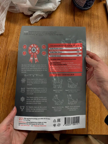 Freeze Dried Raw Dog Food, 100% Horse Meat, Allergy Relief, Monoprotein, Training Treats or Toppings, Single Ingredient, All Natural, for Puppies, Adults and Seniors, 3.17 oz Bag