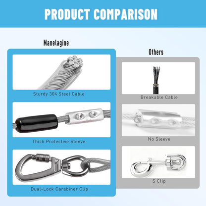 Tie Out Cable for Dogs Heavy Duty, 10/15/20/25/30/50FT Long Leash Chew Proof, Tangle-Free Dog Lead with Swivel Hook & 360° Smooth Rotating, Dog Runner for Yard, Outside, Camping-Up to 400 pounds