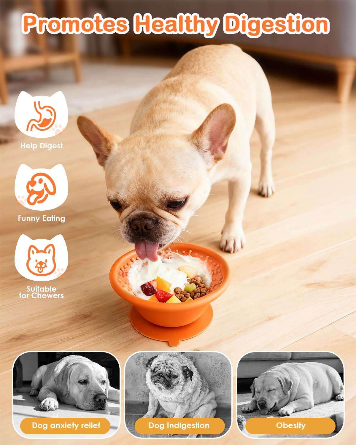 Dog Lick Bowl, Silicone Slow Feeder Dog Bowls with Non-Slip Suction Base and Steel-Reinforced Rim, Anxiety-Relief Feeding Solution for Medium & Large Breeds (Orange)