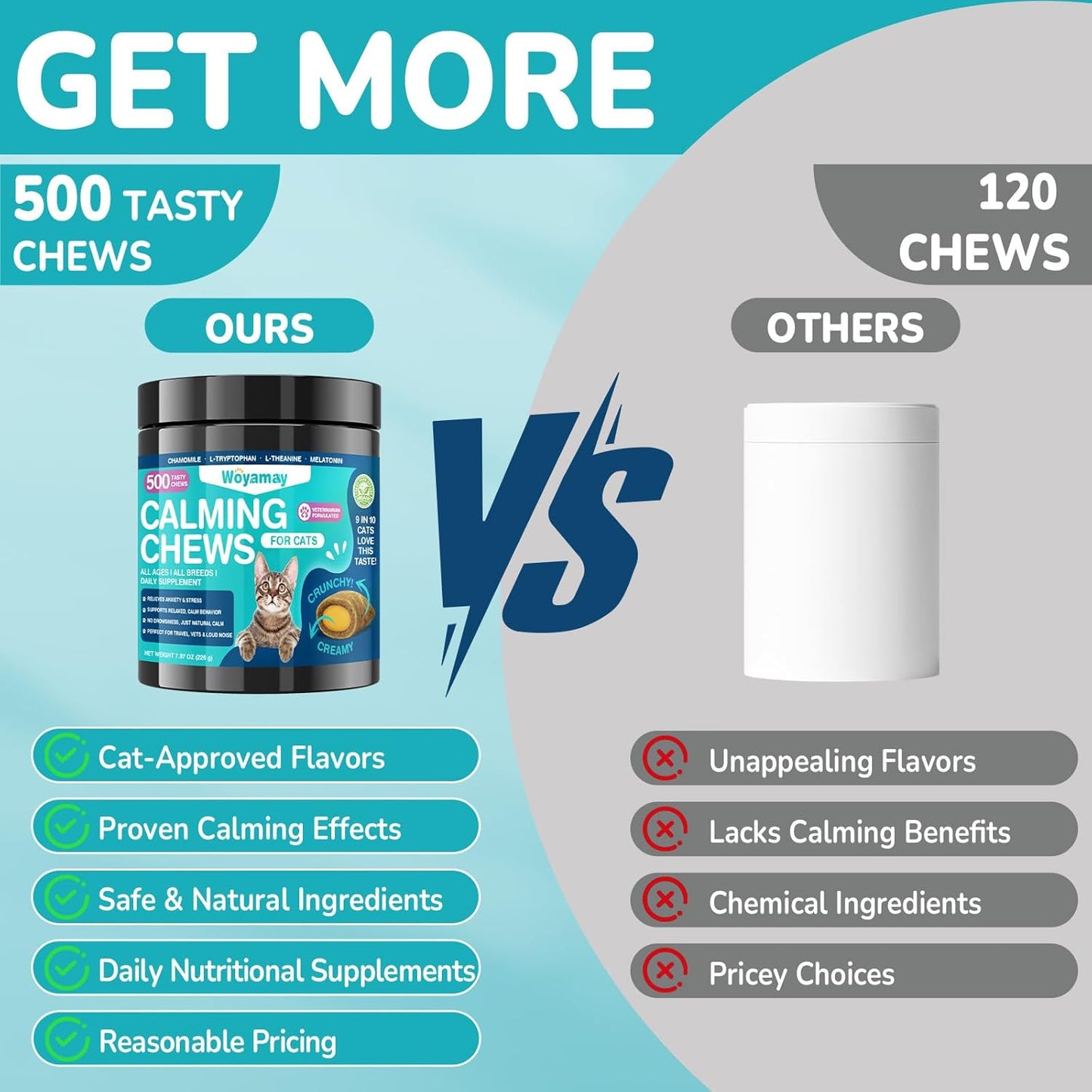 Cat Calming Treats, 500 Crunchy & Creamy Calming Chews for Cats, Natural Calming Cat Treats to Manage Stress & Anxiety, Tasty Calm Chews Supplement, Chicken Flavor