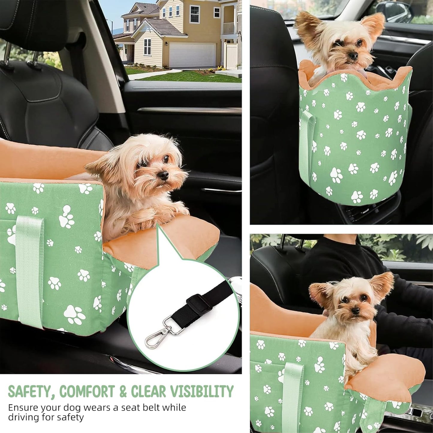 Cullaby Dog Center Console Car Seat for Small Dogs Under 15lbs,Detachable Washable Booster Pet Car Seat Travel Bed with Storage Pockets and Seat Belt(Green)