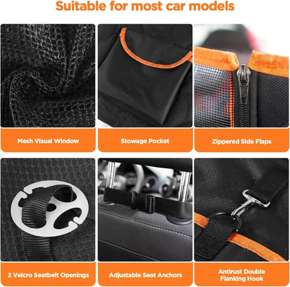 Waterproof Dog Car Seat Cover, Black with Orange Trim, Universal Size Back Seat Protector with Mesh Window, Storage Pocket, Side Flaps for Car, Truck, SUV