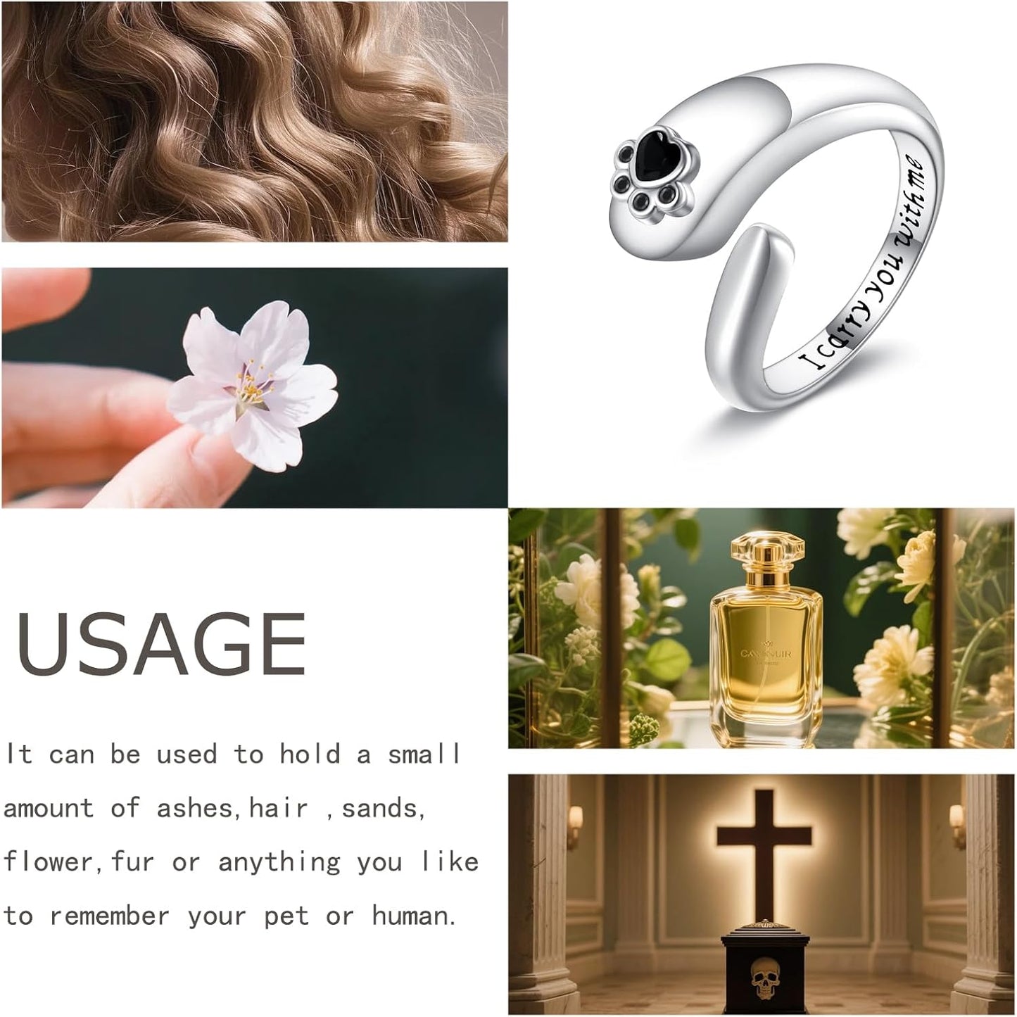 Paw Print Urn Ring for Ashes Sterling Silver Pets Dog Cat Ring Keepsake Memorial Cremation Jewelry Gifts for Women