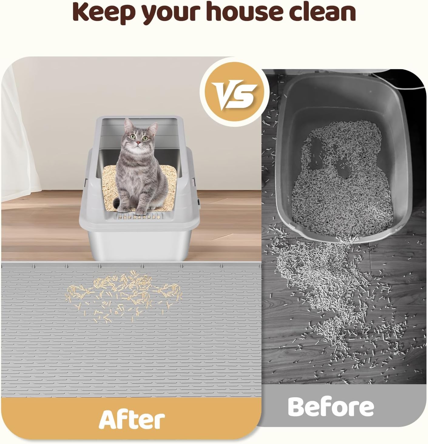 Cat Litter Mat, 2 Pack Large 34" x 22" Silicone Mat Litter Trapping Mat for Scatter Control, Soft on Kitty Paws, Easy to Clean (Light Grey)