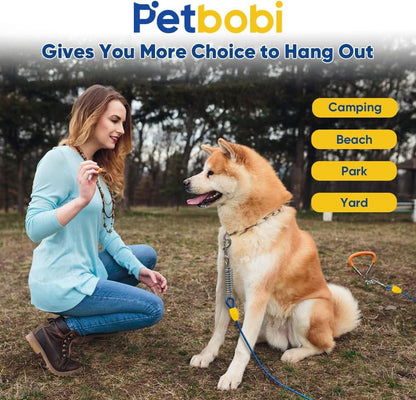 Petbobi Dog Tie-Out Cable and Stake - 30ft Heavy Duty Cable with Spring, No Tangle, 16in Ground Stake, Ideal for Yard, Camping and Beach, Suitable for Small Medium Large Dogs Up to 120 lbs, Blue