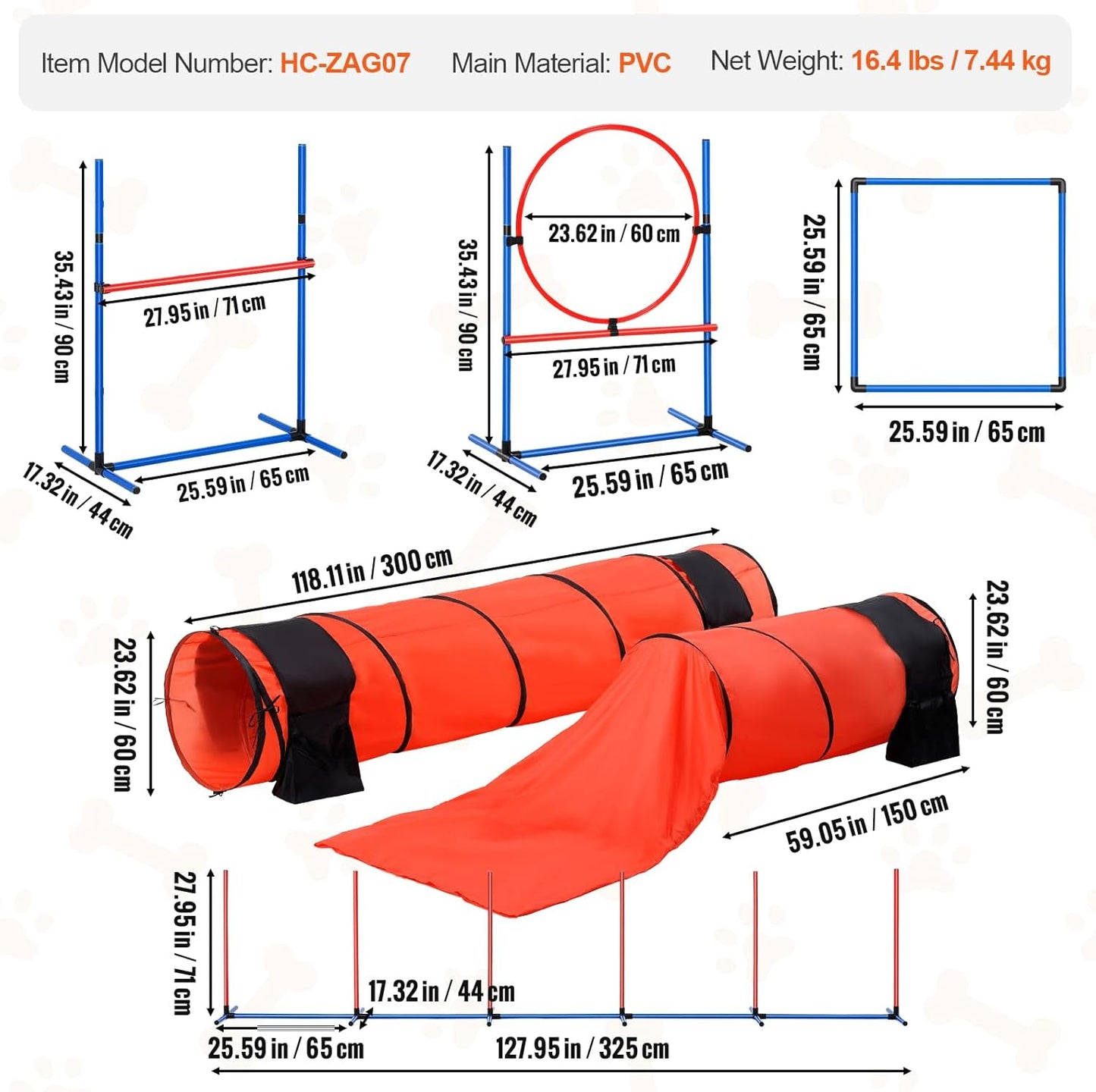 VEVOR Dog Agility Course Backyard Set, 13pcs Agility Training Equipment for Dogs, 2 Tunnels with Sandbags,Adjustable Hurdles,Weave Poles,Jump Ring,Pause Box, Puppy Obstacle Course Kit with Storage Bag