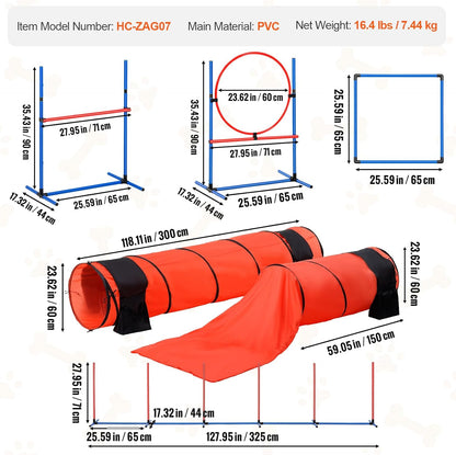 VEVOR Dog Agility Course Backyard Set, 13pcs Agility Training Equipment for Dogs, 2 Tunnels with Sandbags,Adjustable Hurdles,Weave Poles,Jump Ring,Pause Box, Puppy Obstacle Course Kit with Storage Bag