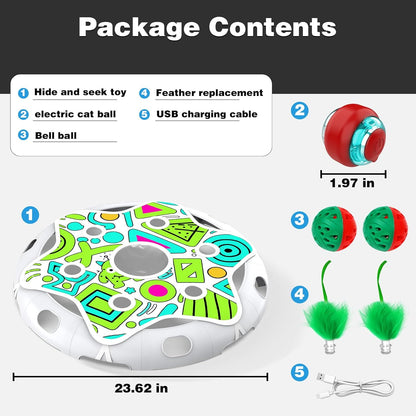 Cat Toys Maze Game Automatic Hide N Seek Cat Toy for Indoor Cats, Motion Activated Cat Ball with 3 Modes, Extra Feather & Bell Ball