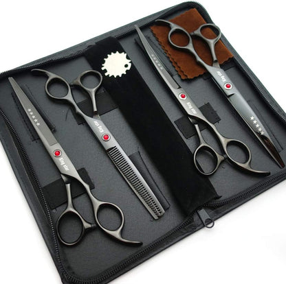 KINGSTAR 7.0in Titanium Black Professional Pet Grooming Scissors Set,Straight & Thinning & Curved Scissors 4pcs Set for Dog Grooming,(Black)