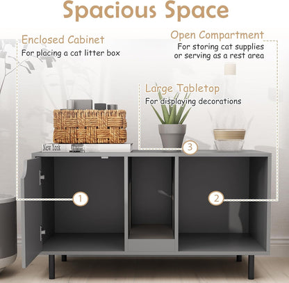 HOMGX Cat Litter Box Enclosure, 40” Hidden Cat Washroom Furniture w/Storage, Removable Scratching Board, Metal Legs, Double-Room Indoor Wooden Kitten House End Side Table, Modern Pet Cabinet (Grey)