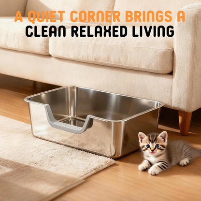Stainless Steel Litter Box with High Sides,23.6" L X 15.7" W X 7.8" H,Extra Large Jumbo Cat Litter Box,XL Kitty Metal Liter Box for Indoor Big Cat,Non-Sticky,Anti-Leakage(Entry on Long Side)