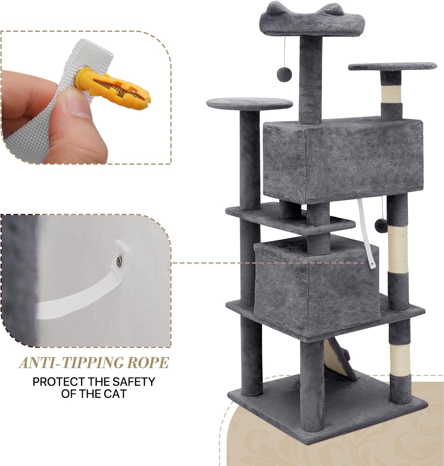 Athena Collection Modern Cat Tree Tower, 54 Inch Tall Cat Tree Climbing Tower with Scratching Post 2 Condo Multi-Level Activity Center and Playing Ball for Indoor Large Adult, Grey