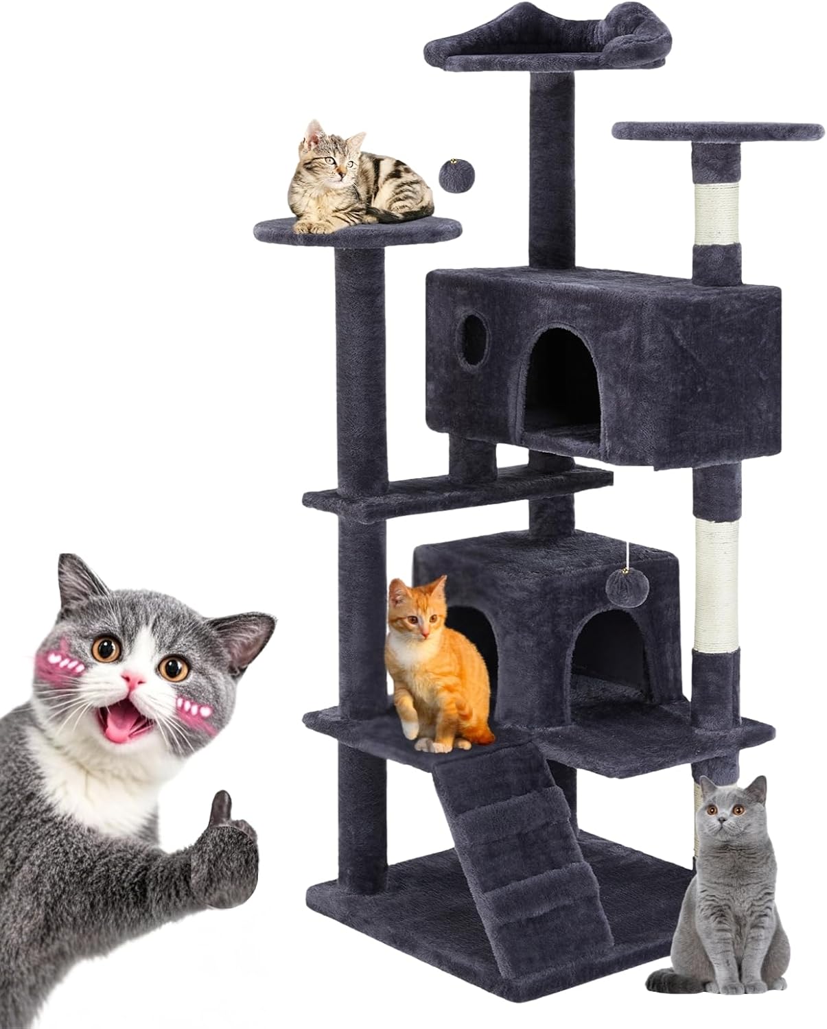 FluffyDream Cat Tree Tower for Indoor Cats, 54 Inches Multi-Level Activity Cat Tree with Sisal Scratching Posts Cat Play House Condo for Large Cat Kittens, Gray