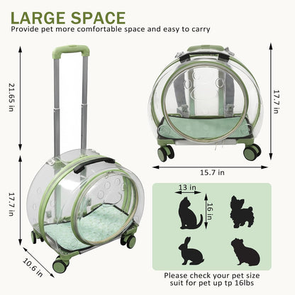 Transparent Hard Cat Carrier with Rolling Wheels, Fully Breathable & Multiple Carrying Options for Dogs, Cats & Bunny – Travel & Walk Friendly (Green)