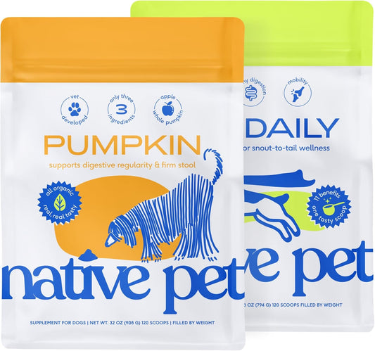 Native Pet Pumpkin for Dogs (120 Scoops) and The Daily Dog Supplement (120 Scoops) - All-Natural, Organic Pumpkin Fiber and 11-in-1 Dog Multivitamin