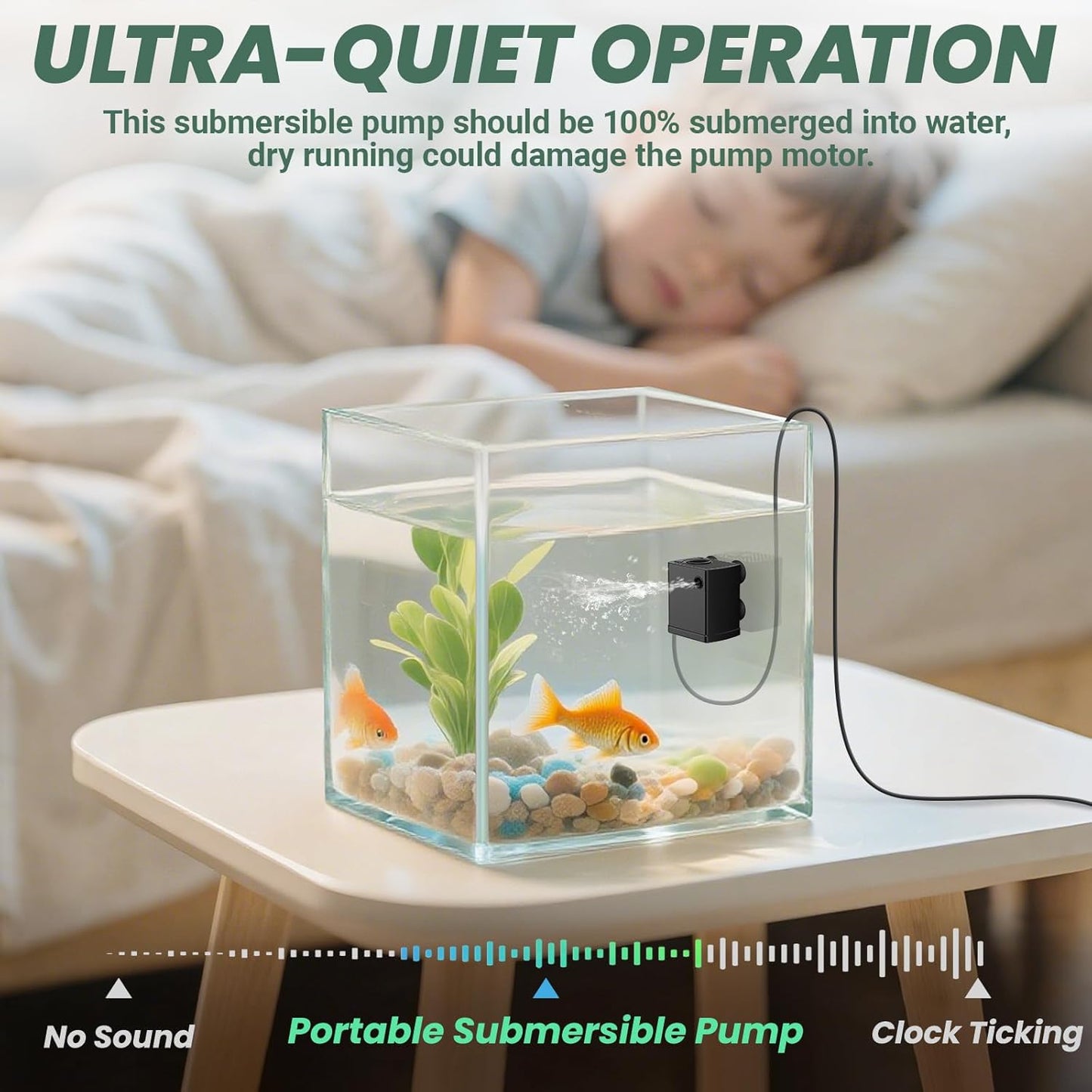 Mini Submersible Water Pump, Ultra Quiet Water Pump, 300L/H, for Turtle Tank, Fountains, Aquariums (5W, 79GPH)