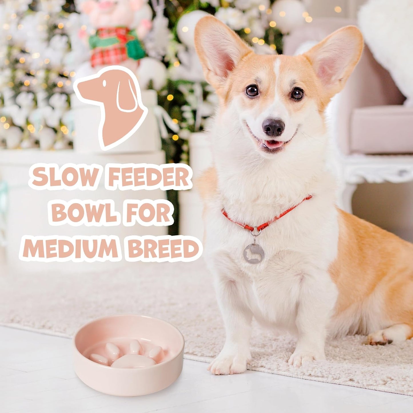 Ceramic Slow Feeder Dog Bowl for Medium Size, Cute Paw Slow Feeding Food Bowl for Medium Breeds, Ceramics Dog Dishes, Non Slip, Pet Brithday Gifts, Pink