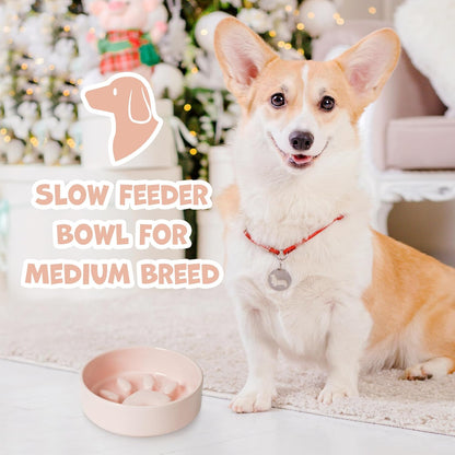 Ceramic Slow Feeder Dog Bowl for Medium Size, Cute Paw Slow Feeding Food Bowl for Medium Breeds, Ceramics Dog Dishes, Non Slip, Pet Brithday Gifts, Pink