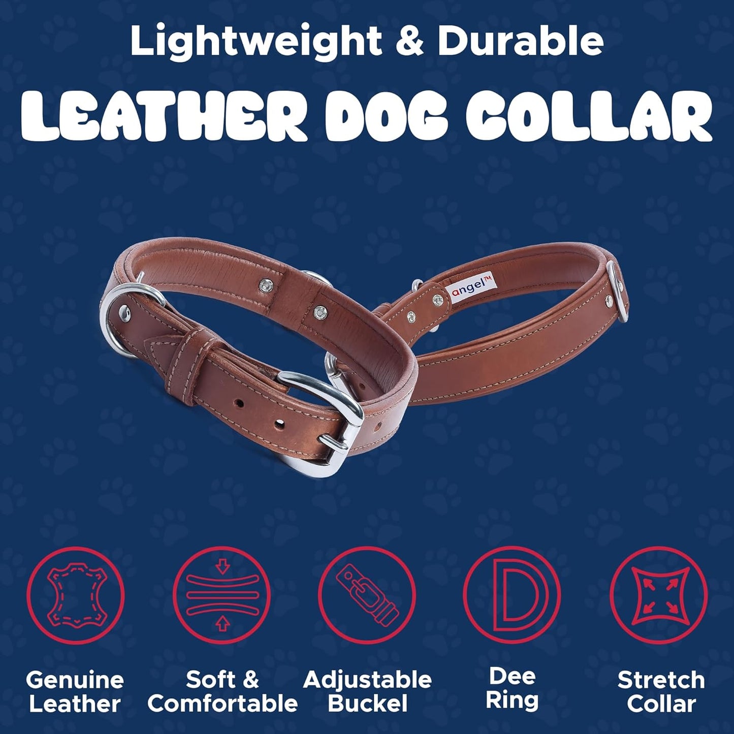 Genuine Top Grain Leather Padded Dog Collar | Handmade | Super Soft & Strong | Western Tooled Dog Collar | Brass & Stainless Steel Hardware | Dallas Collection by Angel Pet Supplies