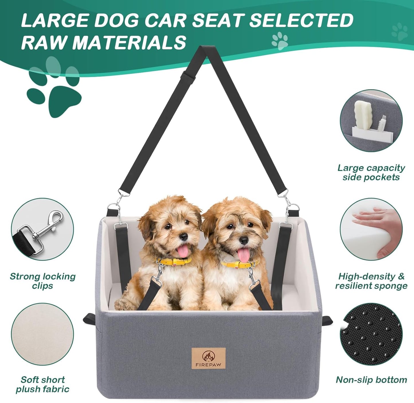 Dog Car Seat for Large Dog, Dog Booster Car Seat for 55Lbs or 2 Small Dogs, Detachable and Washable Travel Dog Bed with Thick Cushion and Storage Pockets, Dog Seat Belt for Car