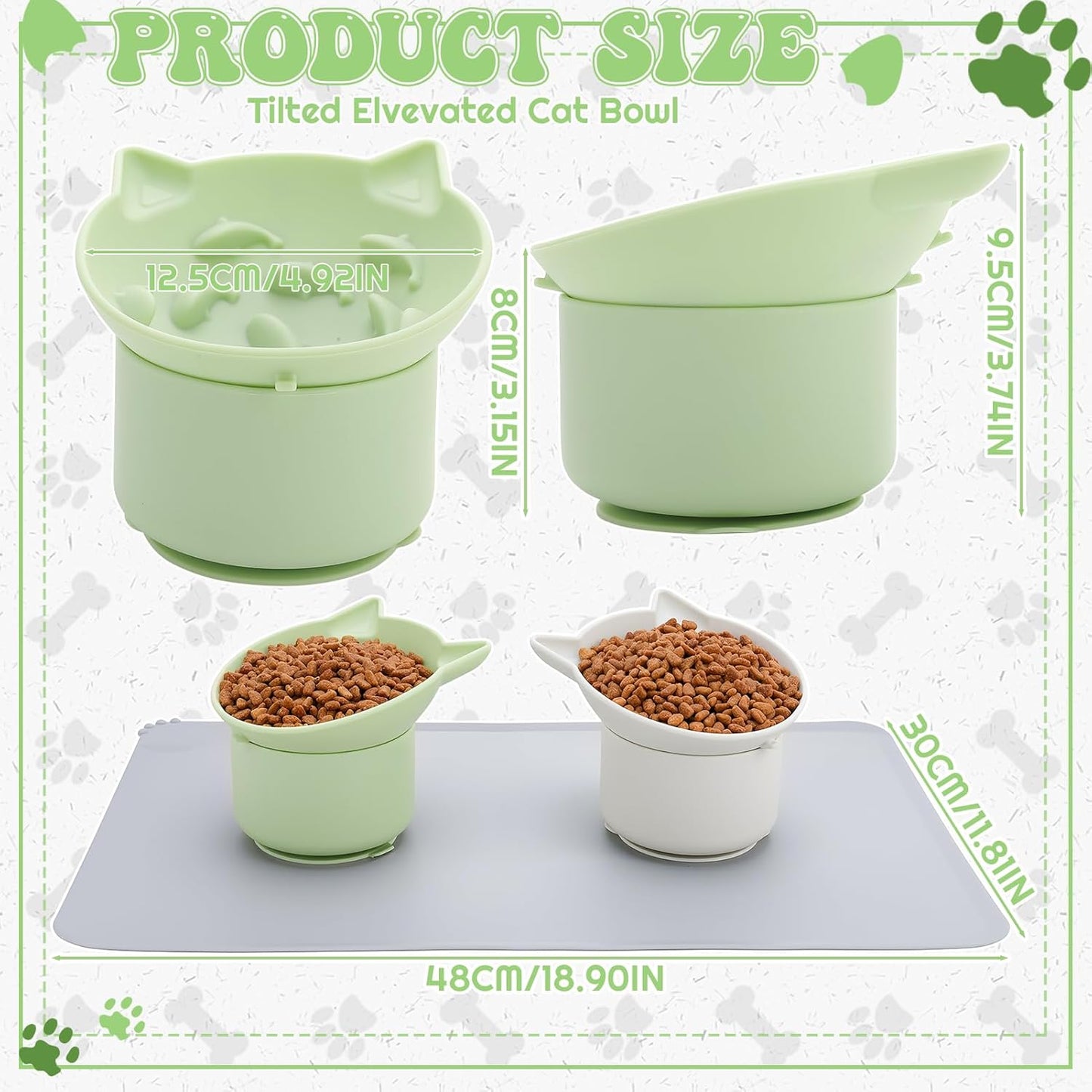 2 Pack Gray, Green Slow Feeder for Cat Bowls, Silicone Tilted Raised Pet Bowl with Non Slip Base for Digestion Anti Vomit
