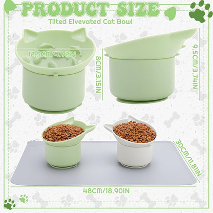 2 Pack Gray, Green Slow Feeder for Cat Bowls, Silicone Tilted Raised Pet Bowl with Non Slip Base for Digestion Anti Vomit