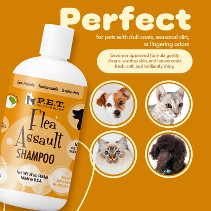 P.E.T. Flea Assault Pear Pomegranate Shampoo for Dogs & Cats — Deep-Cleansing & Deodorizing Formula — Soothes Skin, Hydrates & Adds Shine — Sulfate-Free, pH-Balanced, Hypoallergenic — 16 oz