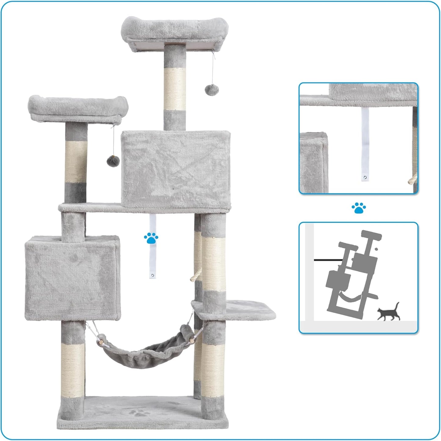 Hey-brother Large Multi-Level Cat Tree Condo Furniture with Sisal-Covered Scratching Posts, 2 Bigger Plush Condos, Perch Hammock for Kittens, Cats and Pets Light Gray MPJ020W