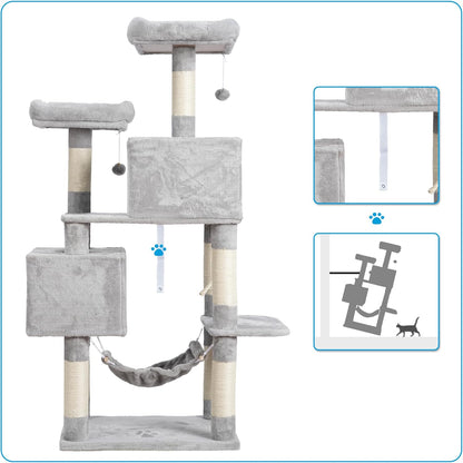 Hey-brother Large Multi-Level Cat Tree Condo Furniture with Sisal-Covered Scratching Posts, 2 Bigger Plush Condos, Perch Hammock for Kittens, Cats and Pets Light Gray MPJ020W