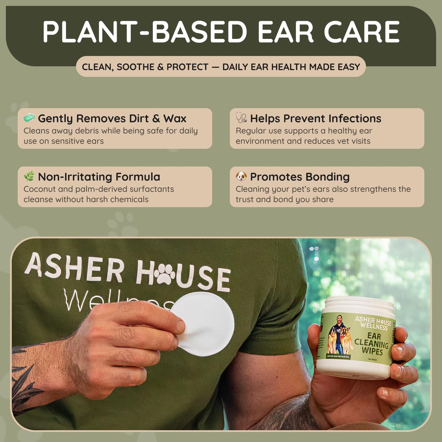 ASHER HOUSE WELLNESS Pet Ear Cleaning Wipes - Dog & Cat Plant-Based Ears Cleaner, Remove Wax & Dirt, Relieve Itch, Prevent Odor & Infection - Gentle for Pets Dogs Cats Over 12 Weeks, Made in USA