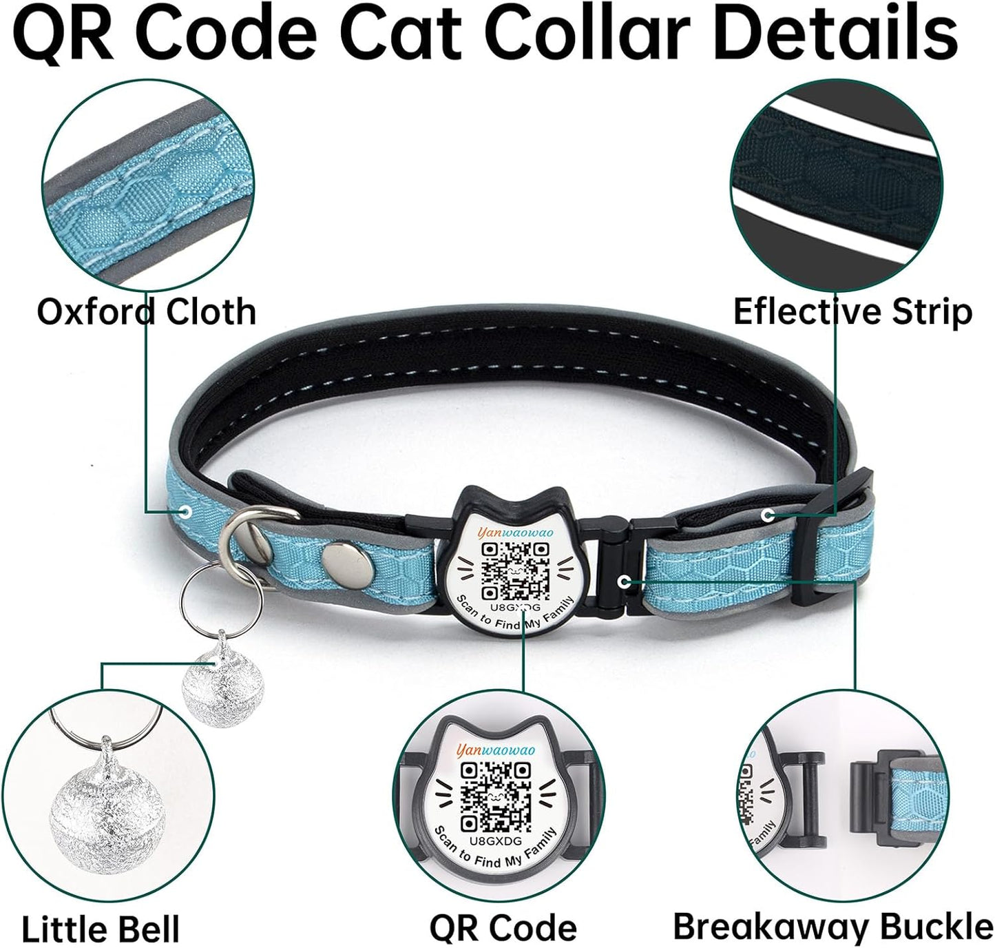 Cat Collar with Bells Reflective Cat Collars Breakaway with Oxford Cloth Soft Padding Adjustable Kitten Collar with QR（CodeCaribbean Blue）