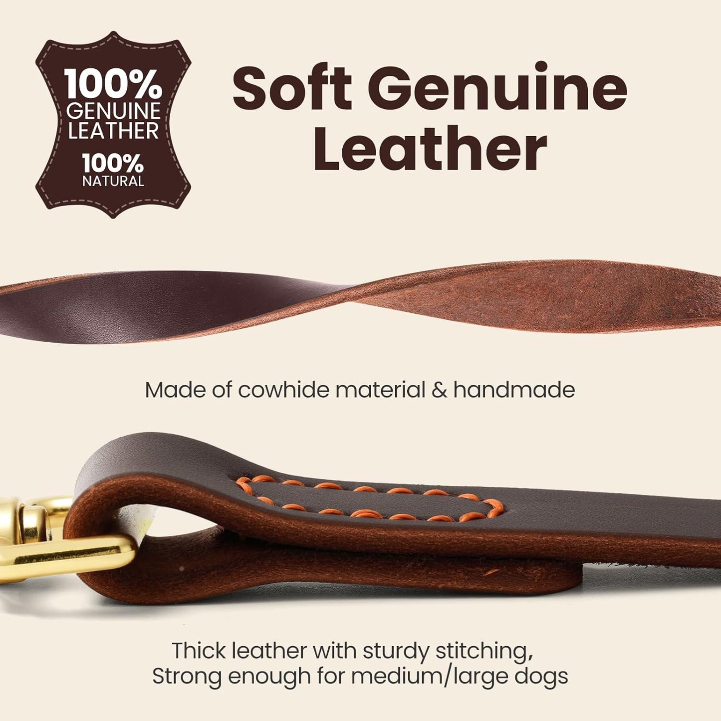 Leather Dog Leash, Strong Traffic Pet Short Lead & Heavy Duty Metal Hook for Training and Walking. (2.0ft L x 2.5cm W)