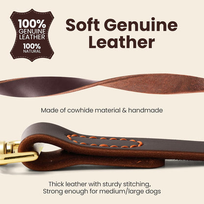 Leather Dog Leash, Strong Traffic Pet Short Lead & Heavy Duty Metal Hook for Training and Walking. (2.0ft L x 2.5cm W)
