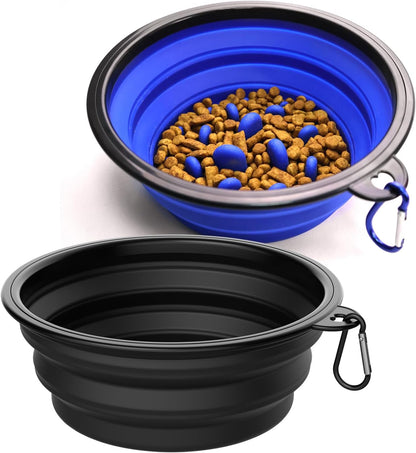 Takfox Collapsible Dog Bowls [2 Pack] 34 oz, Slow Feeder Bowl, Travel Dog Bowls Pet Portable Foldable Water Food Feeding Dishes with Carabiner Clip for Traveling Hiking Walking-Black & Blue