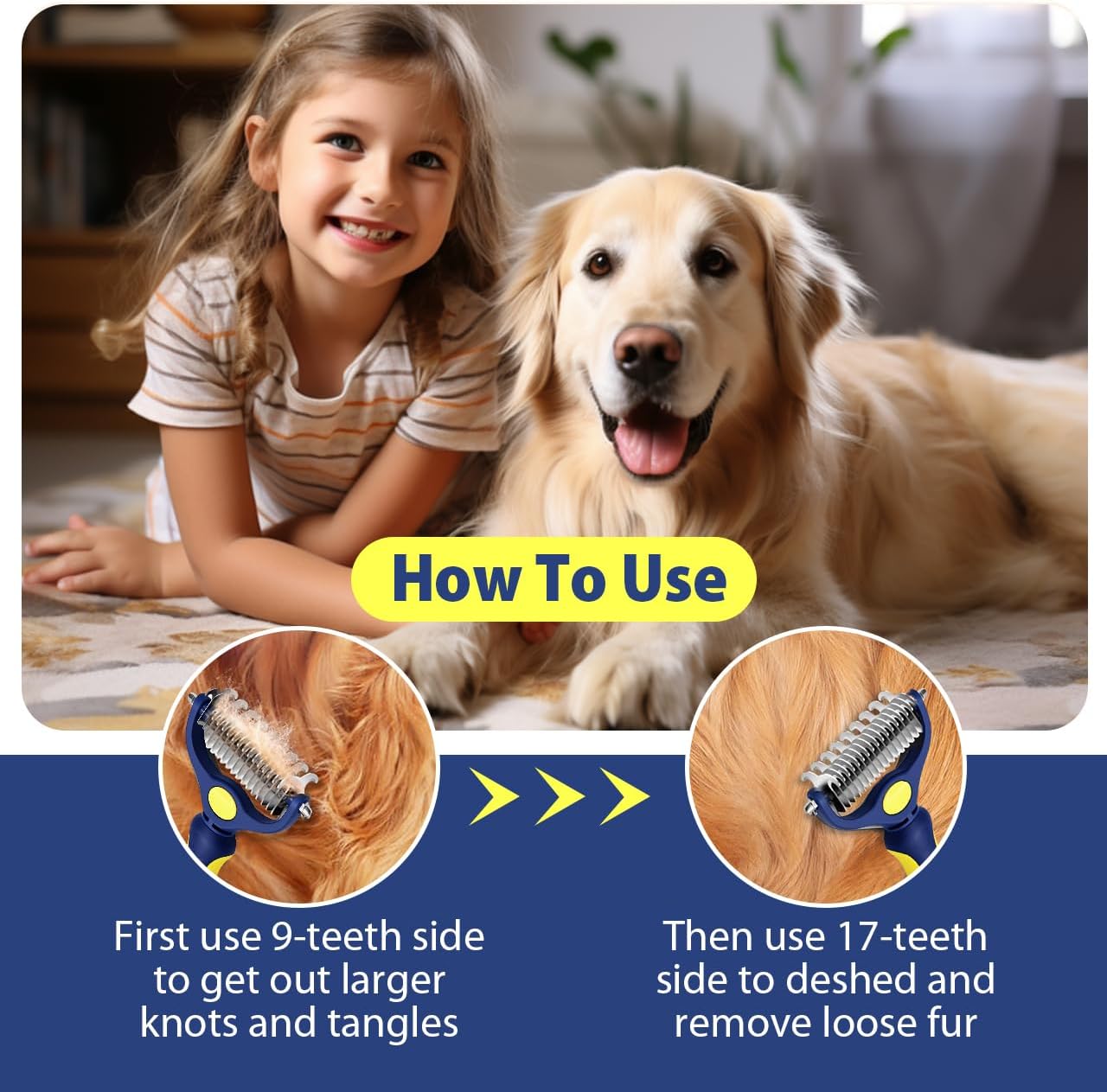 Professional Double-Sided Pet Grooming Rake, Blue and Yellow Deshedding Tool for Dogs and Cats, Undercoat Dematting Brush for Long Hair Pets