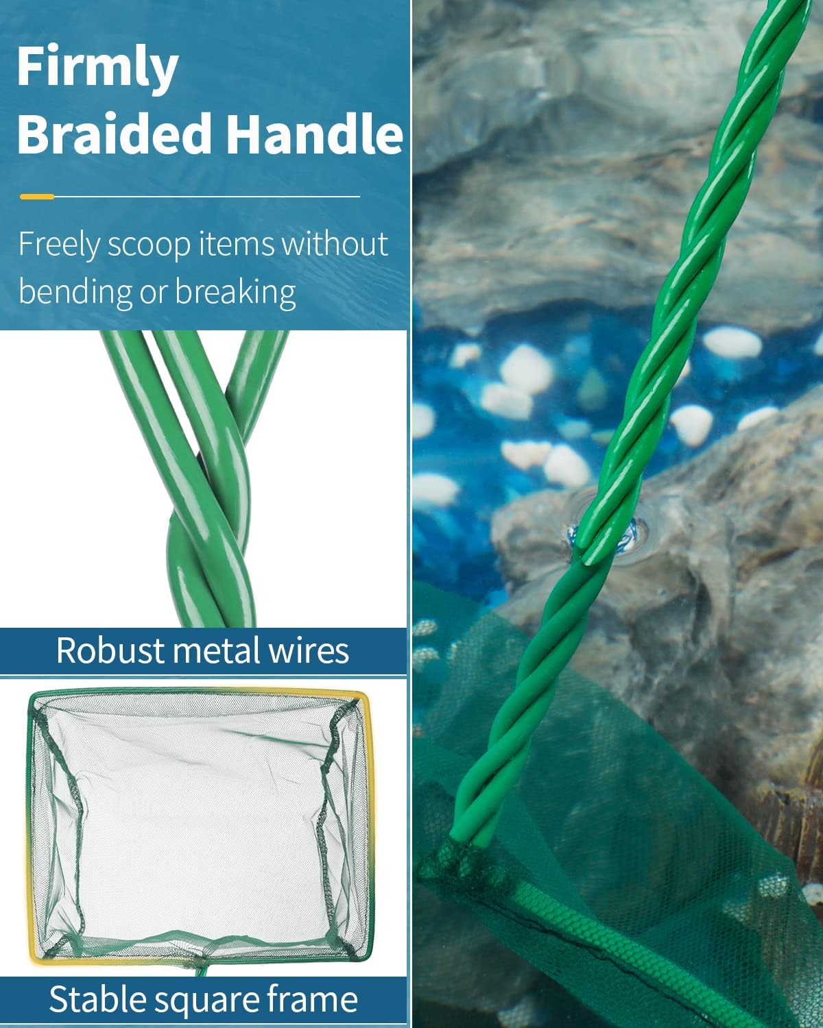 Pawfly Aquarium Fish Net with Braided Metal Handle Square Net with Soft Fine Mesh Sludge Food Residue Wastes Skimming Cleaning Net for Fish Tanks Small Koi Ponds and Pools