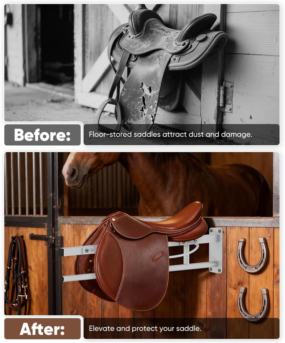 Queension Wall Mounted Saddle Rack with Pad Bar, Heavy Duty Horse Saddle Stand with for English & Western Saddles, Saddle Pad Rack for Horses Blanket, Tack Storage, White