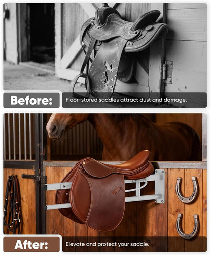 Queension Wall Mounted Saddle Rack with Pad Bar, Heavy Duty Horse Saddle Stand with for English & Western Saddles, Saddle Pad Rack for Horses Blanket, Tack Storage, White