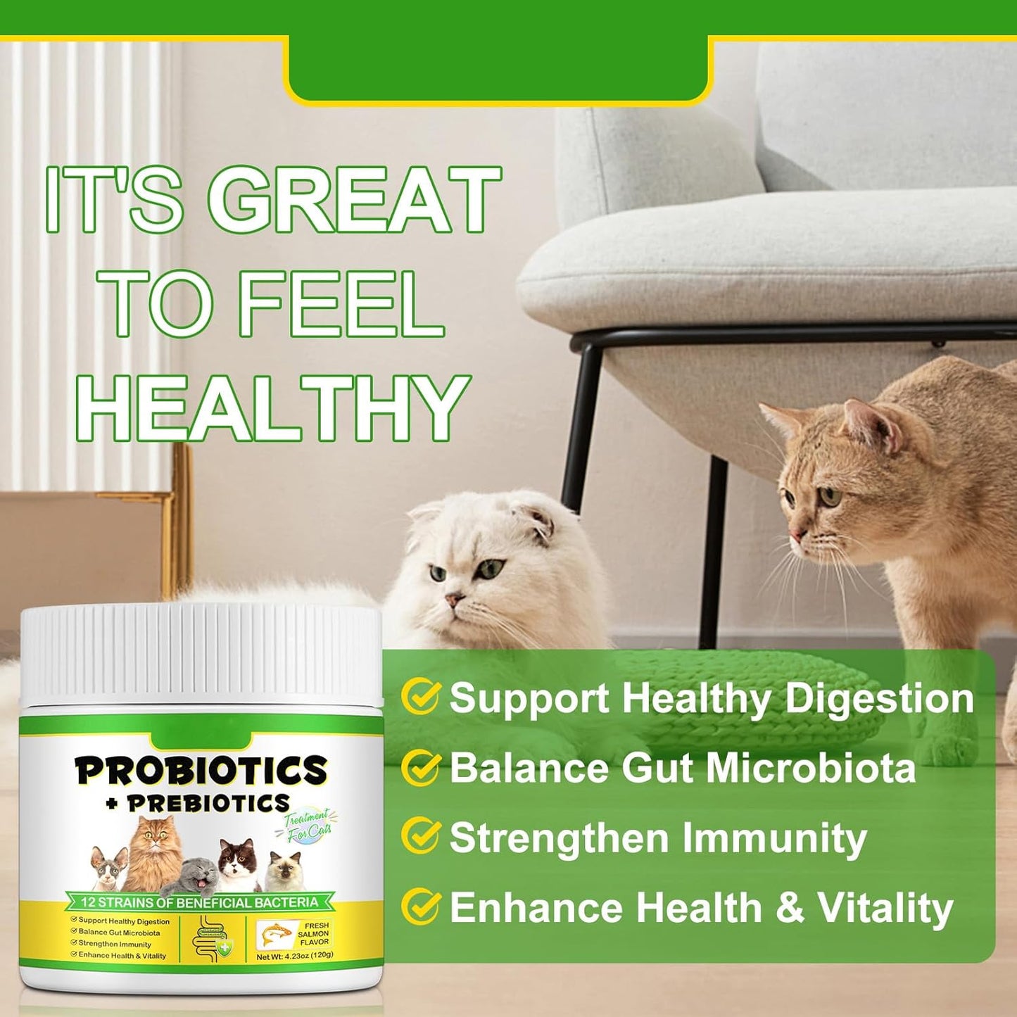Cat Probiotic Powder with Prebiotics - 5 Billion CFU & 12 Strains to Treat Diarrhea, Vomiting, Digestive Support & Immunity Health