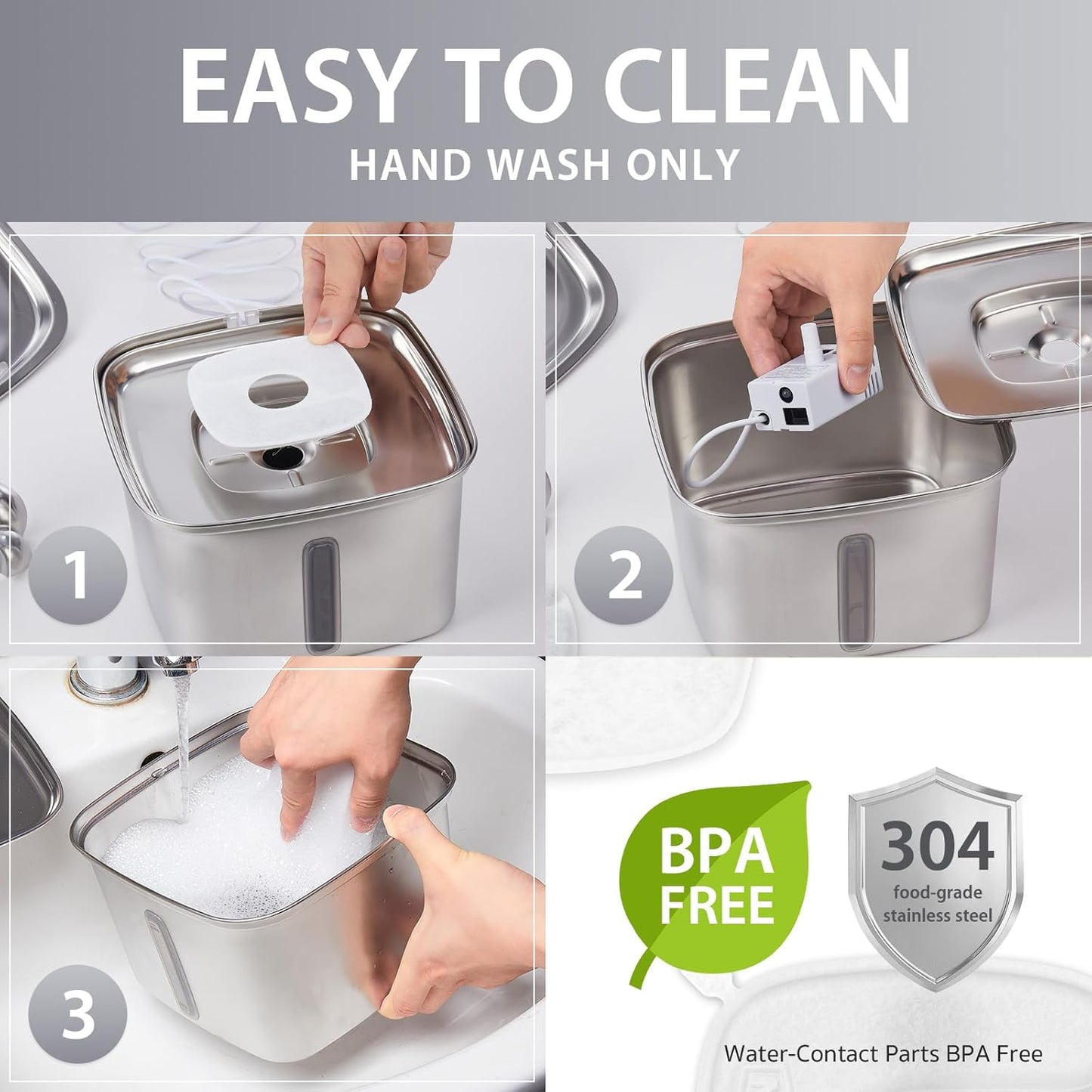 Veken Innovation Award Winner Stainless Steel Cat Water Fountain, 95oz/2.8L Automatic Pet Fountain with 6 Replacement Filters & 6 Pre-Filter Sponges & Silicone Mat for Cats, Dogs (Silver)