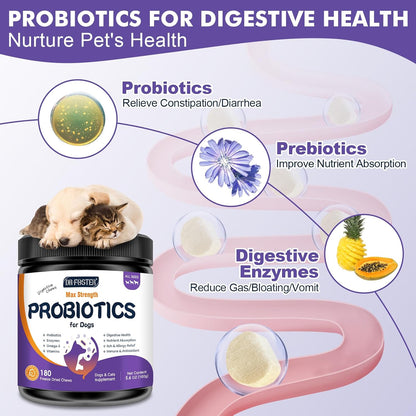 DRFOSTER Probiotics for Dogs, Freeze-Dried Dog Probiotics and Digestive Enzymes, Plus Omega-3 for Itchy Skin, Prebiotics for Digestive Health, Dog Vitamins and Supplements for Immune Health, 180 Bites