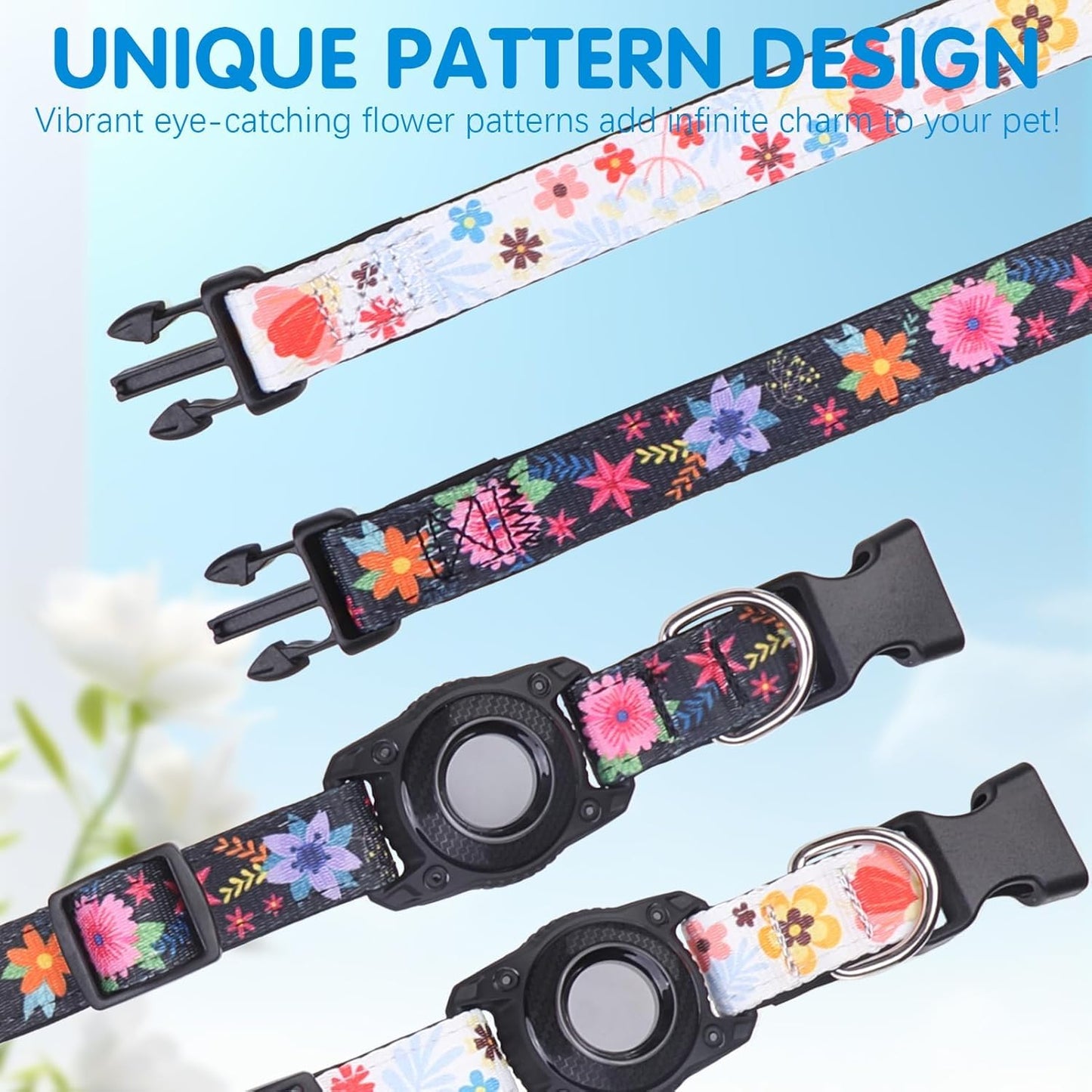 BINGPET AirTag Dog Collar,IP68 Waterproof Airtag Holder,Ultra-Durable Cute Flower Dog Collar with Padded for Tracker,Adjustable Heavy Duty Dog Collar for Small Medium Large Dogs(M(15"-19"),White)