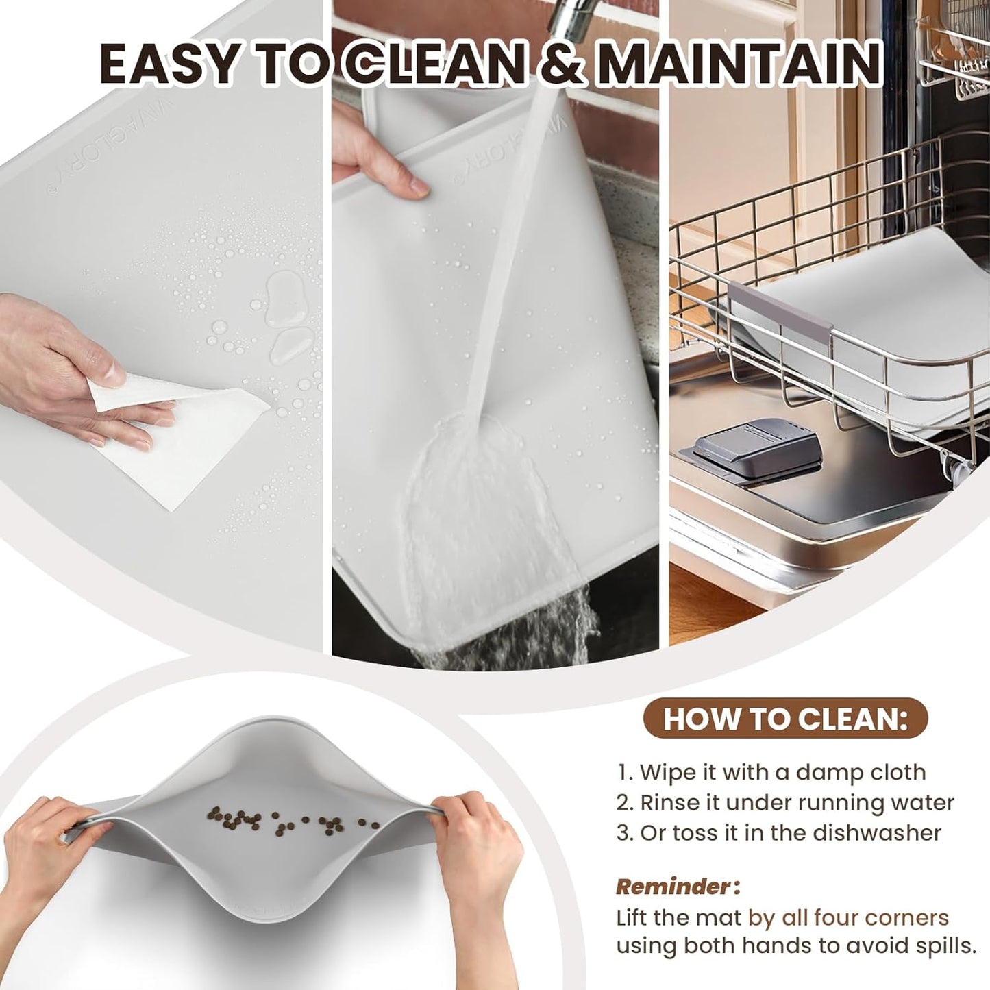 VIVAGLORY Dog Food Mat Flexmat Dog Bowl Mat, Placemat Food Tray with Raised Edges & Lip for Indoor Floor, Non Slip Waterproof Silicone Dish Placemat for Cat & Pet, S, Black