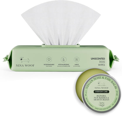 Nina Woof Pet Care Bundle: 70 Biodegradable Dog Wipes & Vegan Paw & Nose Balm - Aloe Vera, Shea Butter, Natural Grooming for Paws, Face & Body
